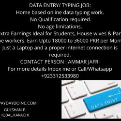 DATA ENTRY_ TYPING JOB_ Home based online data typing work. No Qualification required. No age limitations. Extra Earnings Ideal for Students, House wives & Part time workers. Earn Upto 18000 to 36000 PKR p